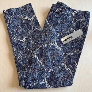 Talbots Slim Leg Ankle Pants 8P Front Zip Blue Paisley Cotton Stretch Preppy NWT